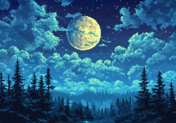Pixelated Forest Silhouetted Against a Giant Moon and Cloudy Night Sky.