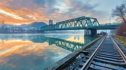 Obraz premium Scenic Bridge Reflection at Sunrise by the River