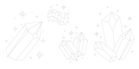Crystal thin line set. Simple celestial gemstone magical crystal black contour symbol. Witchy.