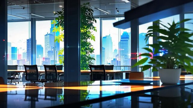 Video footage of Modern office with large windows, city skyline view, plants, and conference table with chairs, creating a bright and professional atmosphere