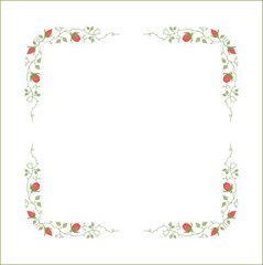 Green vegetal frame with orange rose flowers, rose thorns, climbing, decorative corners for greeting cards, banners, business cards, invitations, menus. Isolated vector illustration.	