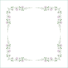 Green vegetal frame with light purple rose flowers, rose thorns, climbing, decorative corners for greeting cards, banners, business cards, invitations, menus. Isolated vector illustration.	