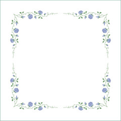 Green vegetal frame with blue rose flowers, rose thorns, climbing, decorative corners for greeting cards, banners, business cards, invitations, menus. Isolated vector illustration.	