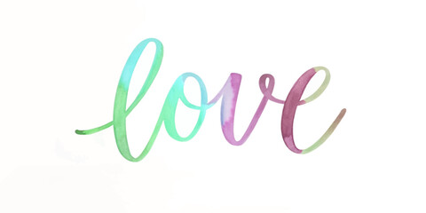 Colorful watercolor lettering, artistic love design, vibrant hues, modern calligraphy style, romantic decor element.