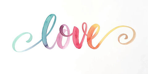 Colorful watercolor lettering, artistic love design, vibrant and cheerful style, perfect for romantic themes.