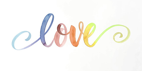 Colorful watercolor lettering, artistic love design, vibrant swirls, romantic decor, creative expression, modern typography.
