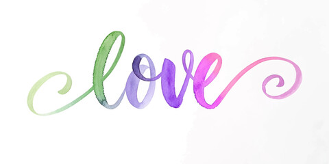 Colorful watercolor lettering, artistic love design, vibrant hues, romantic theme, decorative wall art.