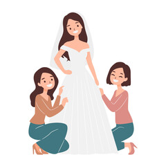 Bride with Friends Preparing Wedding Dress