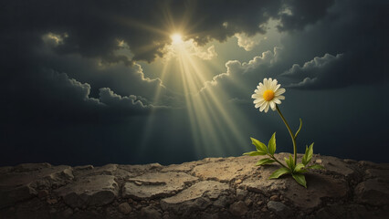 Fototapeta premium Single daisy flower growing on cracked soil under dramatic clouds and sun rays
