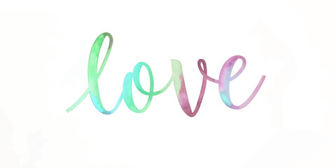 Colorful watercolor lettering, artistic love design, vibrant pastel hues, modern wall art, romantic decor.