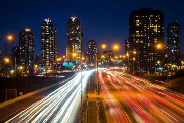 Obraz premium Long exposure shot of car lights on a highway at night.
