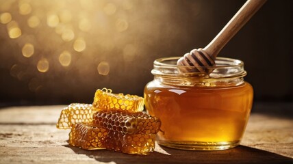 Glass Jar of Honey with a Wooden Dipper and Dripping Honeycomb