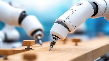 A close-up of robotic arms engaging in precision work on wooden components in a modern manufacturing setting.