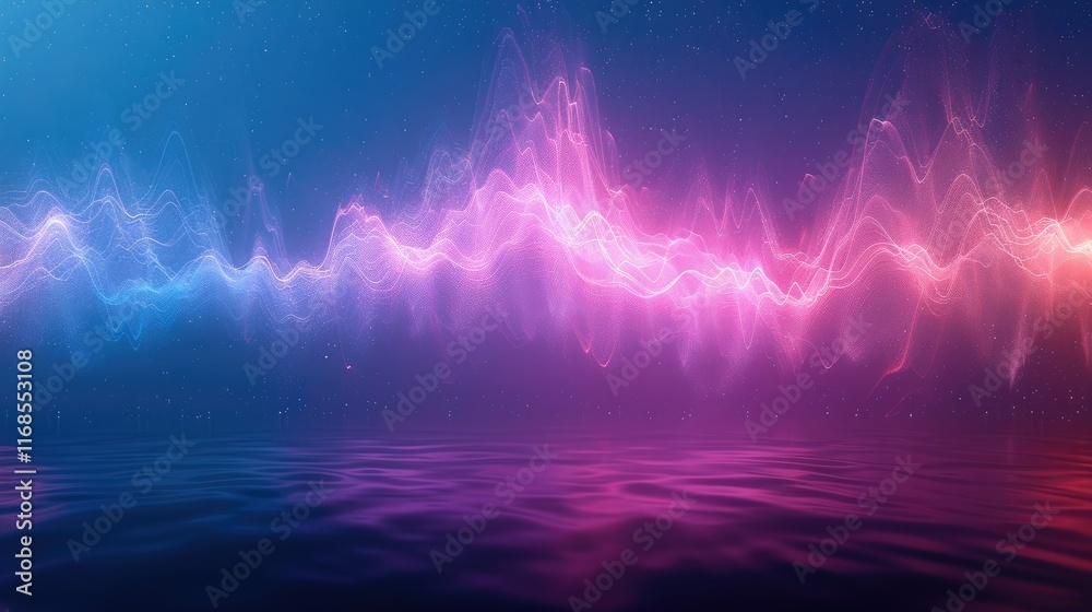 Poster an abstract background of blue sky with an aurora borealis, with the shape of pink and purple sound 