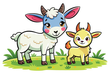 Cute cozy animal friends Goat kid and lamb frolicking in a meadow vector illustration white background A.eps