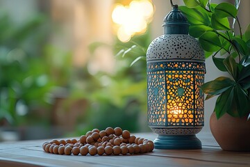 A beautifully decorated lantern with intricate blue and gold patterns glows warmly on a wooden surface near a window. Beside it are a bowl with a cross and prayer beads, symbolizing spirituality and f