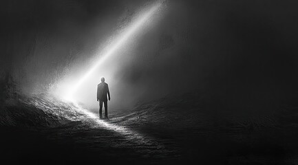 A man stands at the top of a staircase, looking down towards the camera with his arms on his hips.