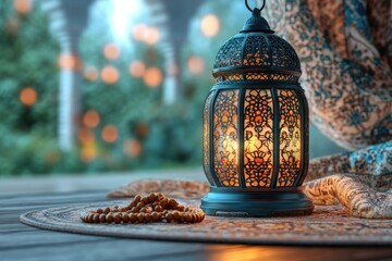 A beautifully decorated lantern with intricate blue and gold patterns glows warmly on a wooden surface near a window. Beside it are a bowl with a cross and prayer beads, symbolizing spirituality and f