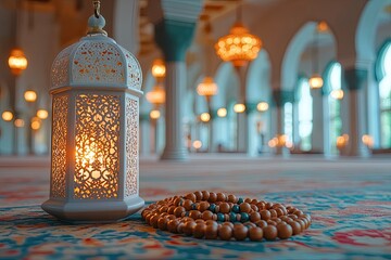 A beautifully decorated lantern with intricate blue and gold patterns glows warmly on a wooden surface near a window. Beside it are a bowl with a cross and prayer beads, symbolizing spirituality and f