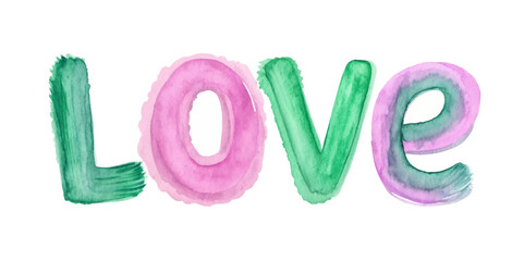 Colorful watercolor letters, artistic love design, vibrant pink and green hues, creative expression, romantic theme.