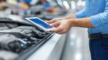 Man using tablet to check car parts in store.