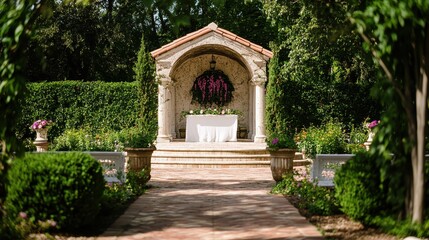 Obraz premium Serene Garden Pathway with Archway and Flowers