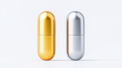 Two capsules, one gold and one silver, on a white background.
