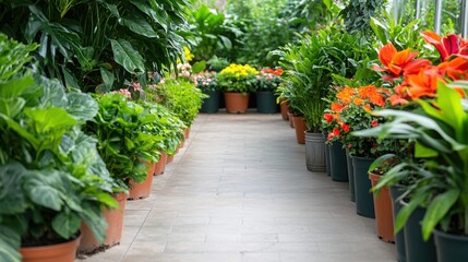 Naklejka premium Serene Indoor Garden Pathway Surrounded by Vibrant Potted Plants and Flowers