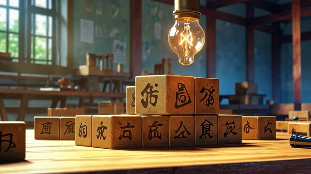 Video footage of pyramid of wooden blocks with characters is illuminated by a hanging light bulb in a traditional classroom setting