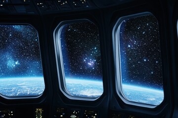 Naklejka premium Space views from a spacecraft, showcasing Earth and distant stars in the cosmos