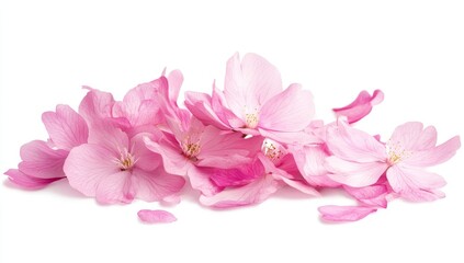 Delicate pink cherry blossoms and petals isolated on white.