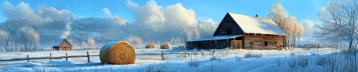 A snow-covered farmstead with frosty hay bales and a rustic barn.