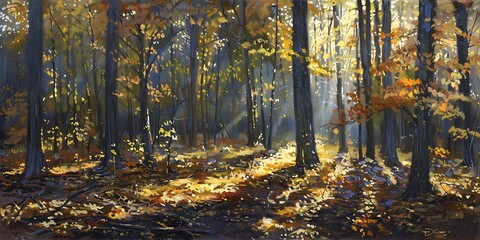 autumn forest with sunlight streaming through golden leaves