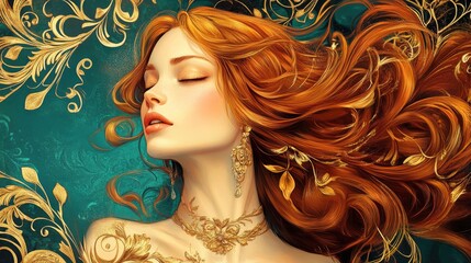 Redhead Woman Serenely Resting Amidst Gilded Floral Ornamentation on Teal Background..
