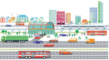 Stadtübersicht mit Verkehr und Häusern, Information illustration-.eps