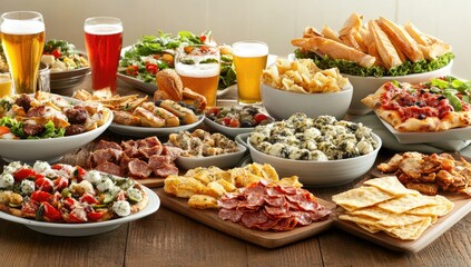Fototapeta premium A table filled with delicious snacks: small plates with various salads and pizza slices, small glasses filled with beer or wine, a bowl of ravioli pasta on the side, surrounded by other dishes 