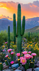 Majestic saguaro cactus at sunset, surrounded by blooming desert flowers and mountains.