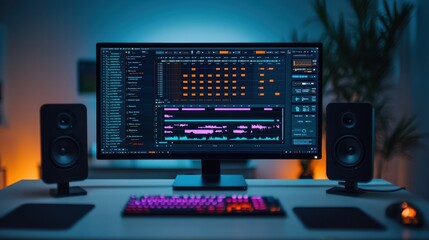 A modern workspace featuring a computer, speakers, and colorful keyboard illuminated in low light.