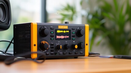 Fototapeta premium Modern audio interface with colorful display and dials on wooden table.