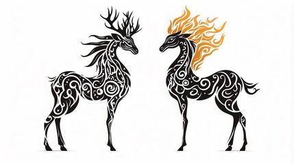 Fototapeta premium Flaming Elegance: Dual Deer in Abstract Harmony