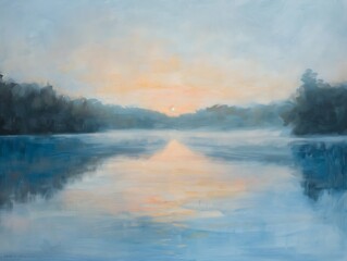 Fototapeta premium sunrise over tranquil lake with soft mist in distance