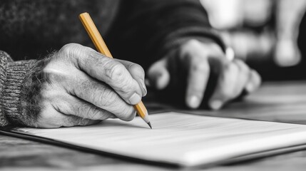 Elderly person writing with pencil on notepad.