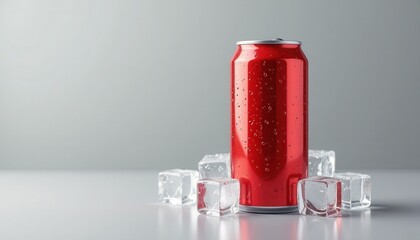 Mockup Soft Drink Can on white background with soda and ice cubes. Packaging template mockup