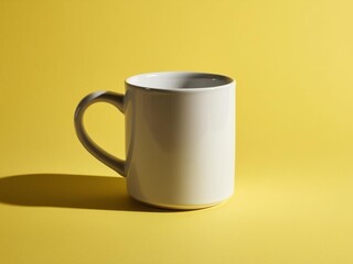 White mug mockup on a yellow background.