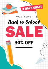 Back to school sale colorful poster design with educational school supplies and sale text. Cartoon background for school shopping, promotion, poster, invitation etc