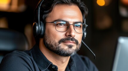 Man with headset and glasses working on computer.