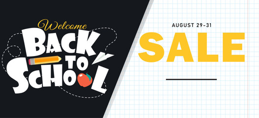 Back to school sale banner design template. Welcome back to school background. Flat style vector illustration for retail marketing promotion. Trendy school shopping concept with lettering
