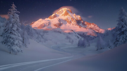 Majestic snow-capped mountain peak at sunrise, snow covered trees and winding path.