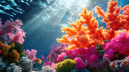 Naklejka premium Vibrant underwater scene showcasing colorful coral reefs and marine life
