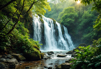 Obraz premium A tropical waterfall cascading over rocky terrain, surrounded by lush green foliage and trees in a dense forest environment